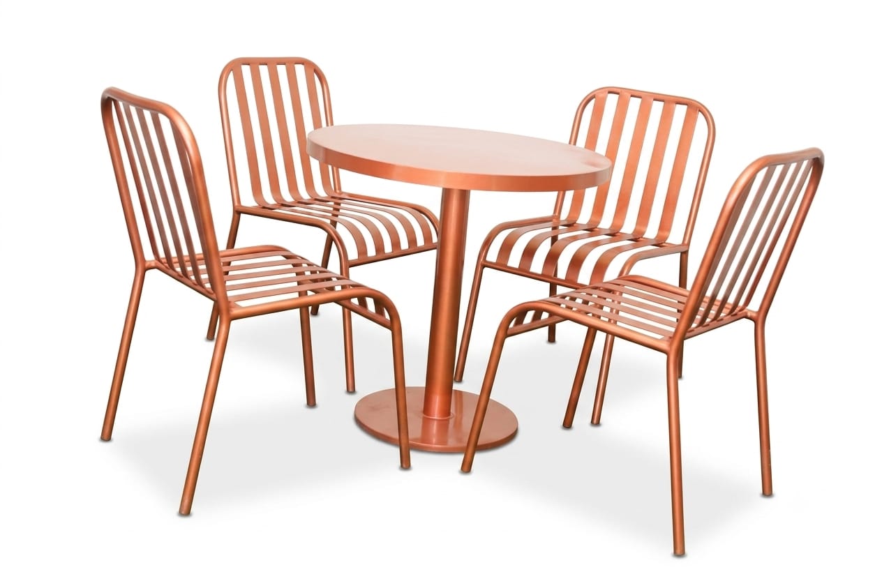 Copper coloured outdoor café table with four slatted chairs