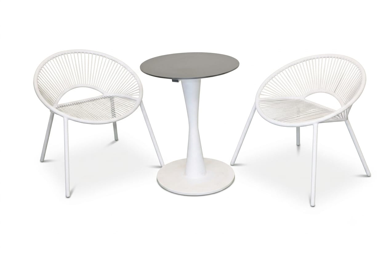 Two white rope weave chairs with a round pedestal table