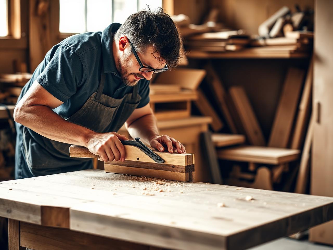 Artisan hand-planing wooden furniture piece