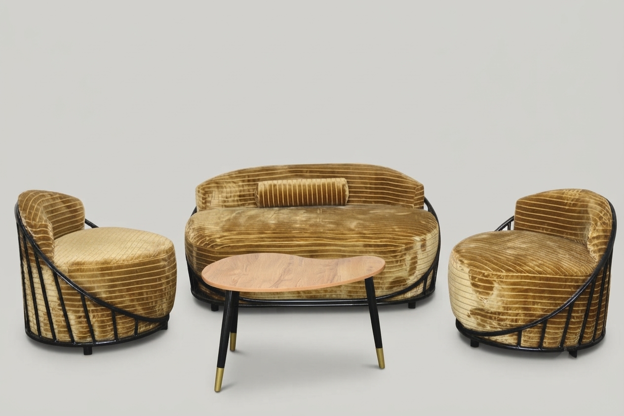 Gold velvet lounge suite with a wooden centre table