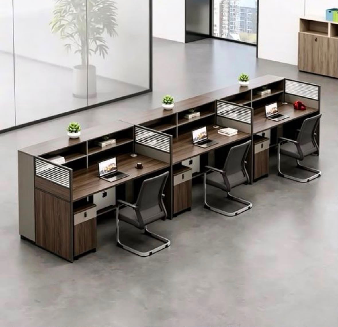 Modular office desking with overhead storage units